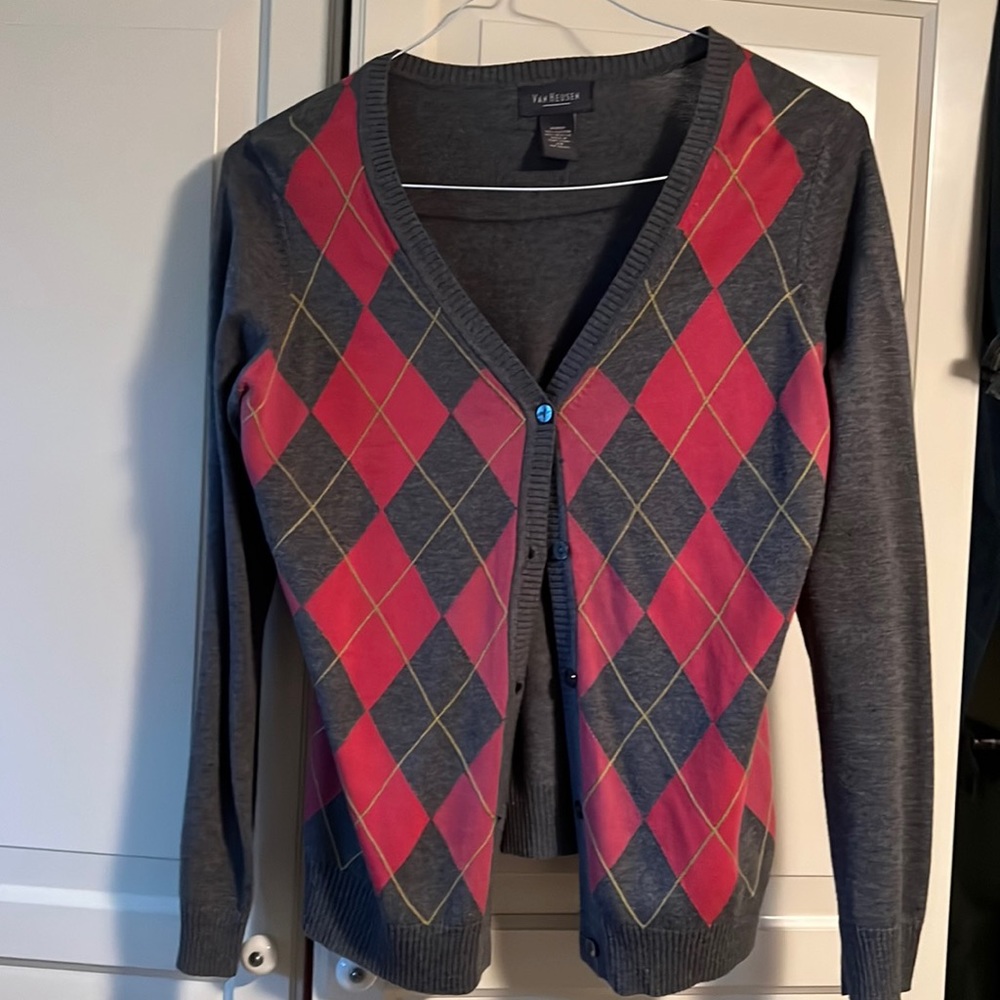 Grey and pink argyle cardigan sweater